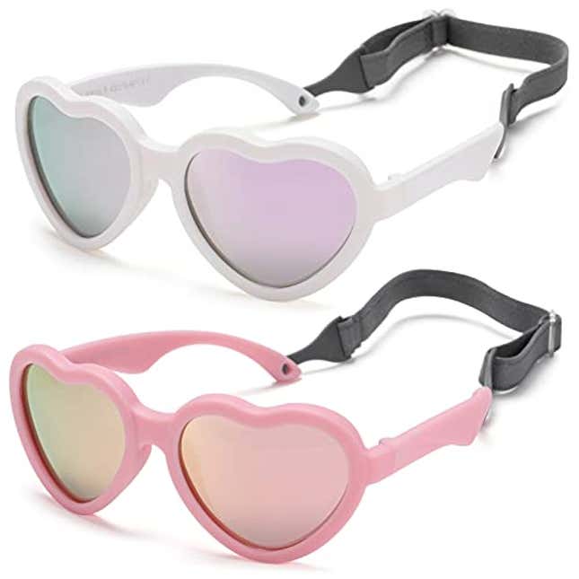 Image for article titled NULOOQ Flexible Heart Shaped Baby Polarized Sunglasses with Strap Adjustable Toddler &amp; Infant Age 0-24 Months (White/Purple Mirrored + Pink/Pink Mirrored), Now 12% Off