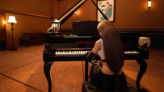 Tifa sits at a piano in a fancy hotel.