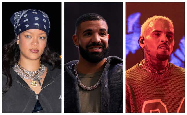 Rihanna, left; Drake, and Chris Brown.