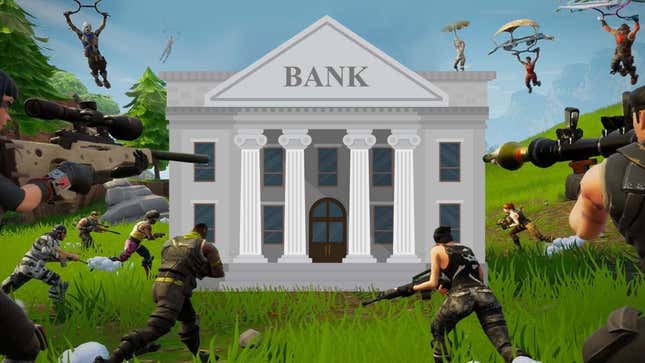 An image shows Fortnite players running toward a cartoon bank. 