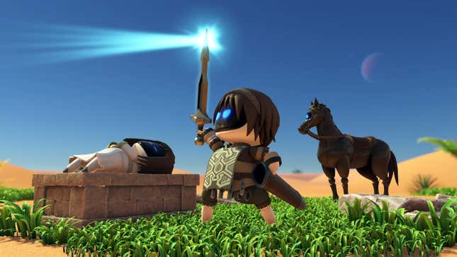 A screen from Astro Bot pays homage to Shadow of the Colossus, showing the Bot holding a sword aloft with a beam emanating from it and a plastic-looking horse standing behind him.