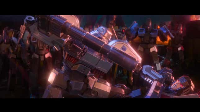 Megatron ameaça outro robô com seu enorme canhão de braço em um momento de Transformers One.