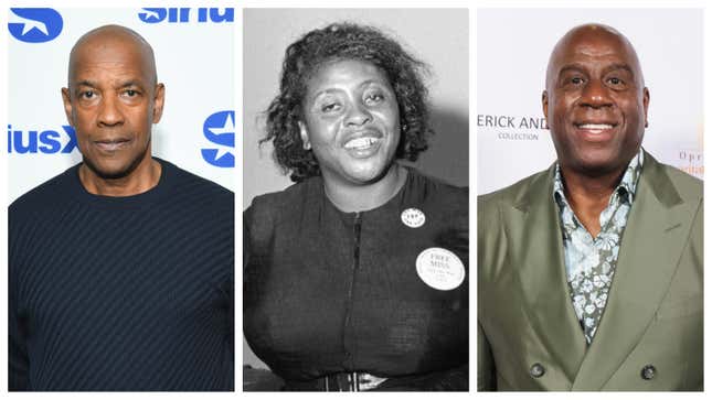 Denzel Washington, à gauche ; feu Fannie Lou Hamer et Earvin « Magic » Johnson.