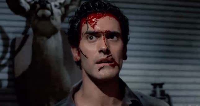 Bruce Campbell as a bloody-faced Ash Williams in Evil Dead II.