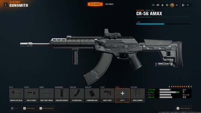 The gunsmith screen showing chosen attachments for the AMAX in Black Ops 6.