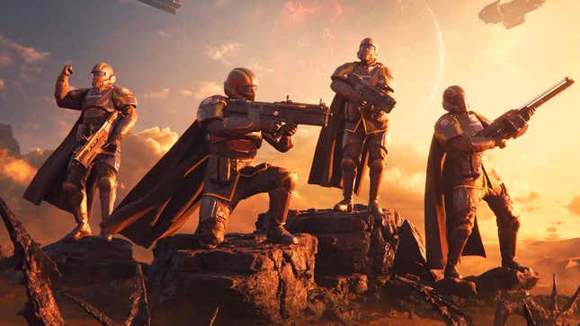 An image from Helldivers 2 shows four soldiers standing together. 