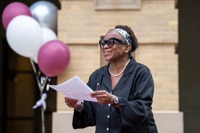 Kathleen McElroy, class of 1981, is announced as the Department of Communication and Journalism’s Director of Journalism at a ceremony in front of A&amp;M’s Academic Building on Tuesday, June 13, 2023, in College Station, Texas.