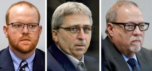 This photo combo shows, from left, Travis McMichael, William “Roddie” Bryan, and Gregory McMichael during their trial at at the Glynn County Courthouse in Brunswick, Ga. 
