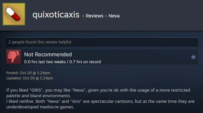 A screenshot shows a Steam user review from Neva.