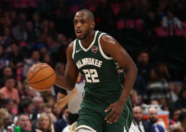 Khris Middleton of the Milwaukee Bucks during a preseason game at American Airlines Center on October 11, 2019 in Dallas, Texas.