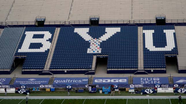 LaVell Edwards Stadium is empty of fans, during the coronavirus pandemic, before an NCAA college football game between BYU and Troy on Saturday, Sept. 26, 2020, in Provo, Utah.