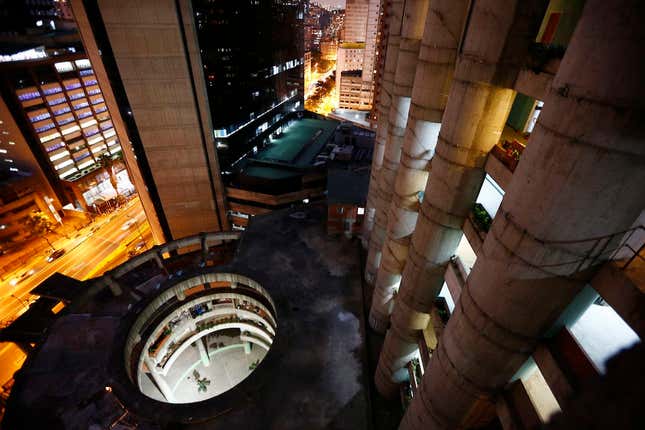 The lobby of Torre David, a vertical slum in Caracas