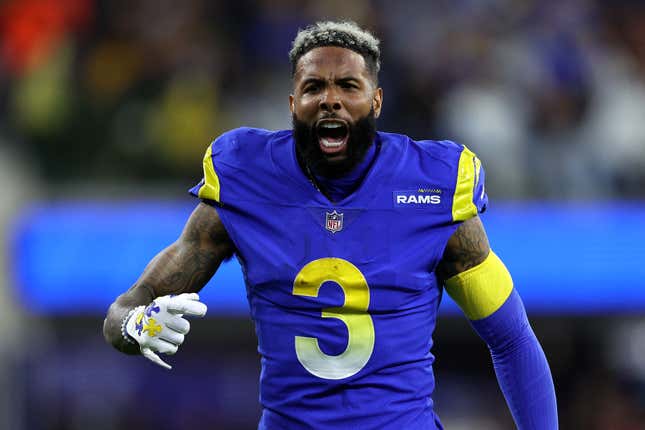 Odell Beckham Jr. #3 of the Los Angeles Rams reacts during the second quarter of the game against the Arizona Cardinals in the NFC Wild Card Playoff game at SoFi Stadium on January 17, 2022 in Inglewood, California. 