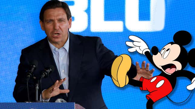 An image shows DeSantis pushing over Mickey Mouse. 