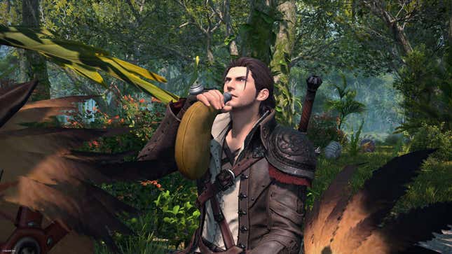 A character from Final Fantasy 14 takes a drink while riding on a chocobo through a jungle.