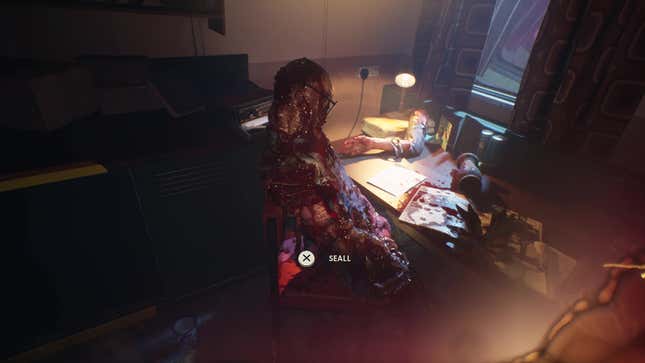 A dead body with its skin peeled off sits in front of a desk.