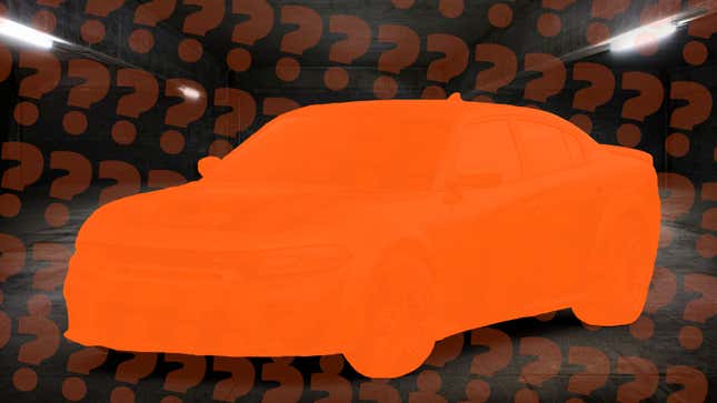 A photo of a Dodge Charger surrounded by orange question marks. 