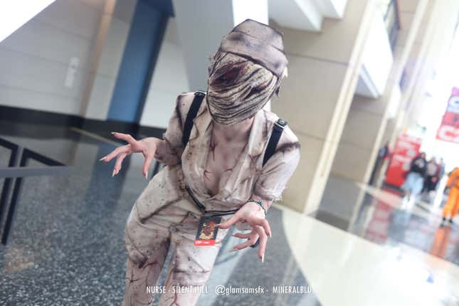 A Silent Hill nurse creeps towards the camera. 