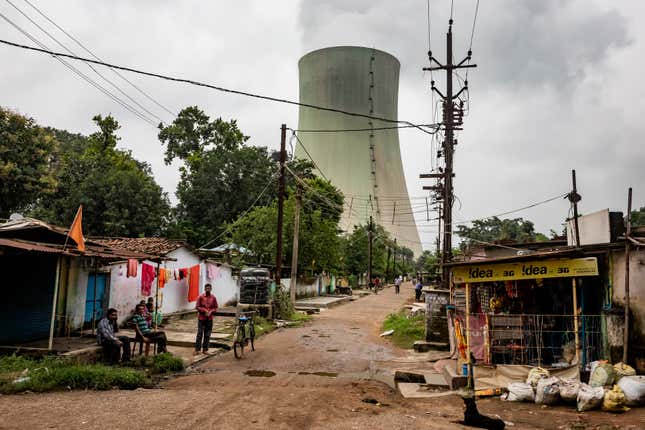 A cooling tower used by the Hasdeo Thermal Power Station in Darri near Korba. The plume emitted from its opening is only steam—but the smokestack belching pollution isn’t too far away.