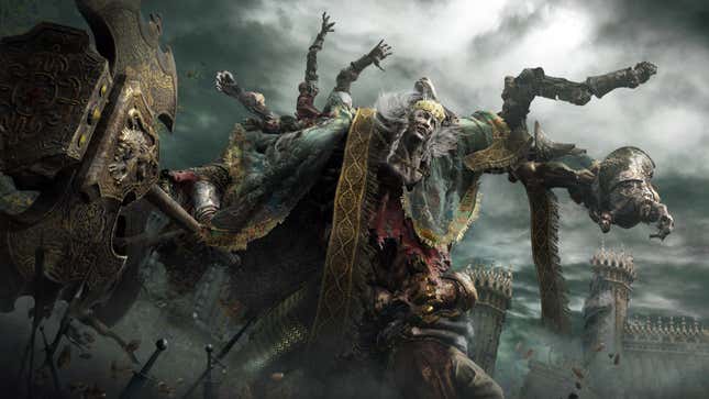 An image from Elden Ring depicting a monstrous, towering creature with multiple arms and a humongous axe.