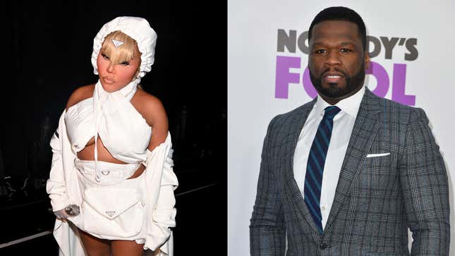 Lil’ Kim attends the BET Awards 2021 at Microsoft Theater on June 27, 2021; 50 Cent attends the New York premiere of “Nobody’s Fool” on October 28, 2018. 