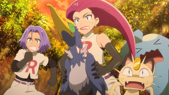 Team Rocket's Jessie, James, and Meowth all grimace at something in the background of Netflix's new Pokemon movie.