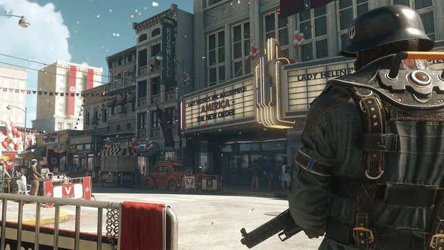 A screenshot of Wolfenstein II: The New Colossus showing a Nazi soldier in an American town during a celebration.