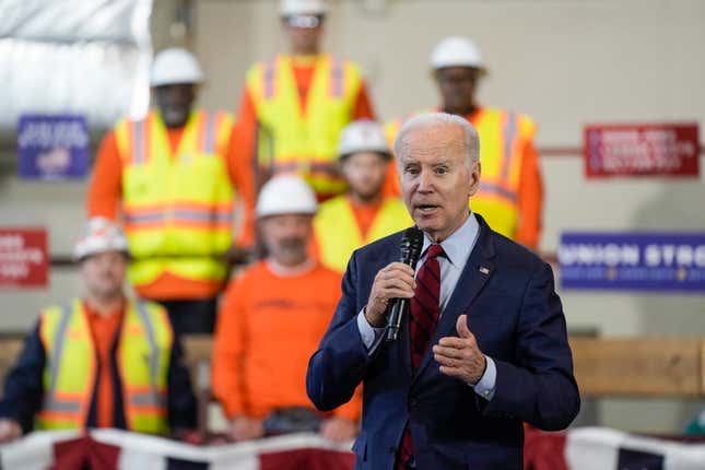 FILE - President Joe Biden delivers remarks on his economic agenda at a training center run by Laborers&#39; International Union of North America, Feb. 8, 2023, in Deforest, Wis. The Biden administration on Friday, Sept. 29, is releasing a playbook on best practices for training workers — as the low 3.8% unemployment rate and years of underinvestment have left manufacturers, construction firms and other employers with unfilled jobs. (AP Photo/Morry Gash, File)