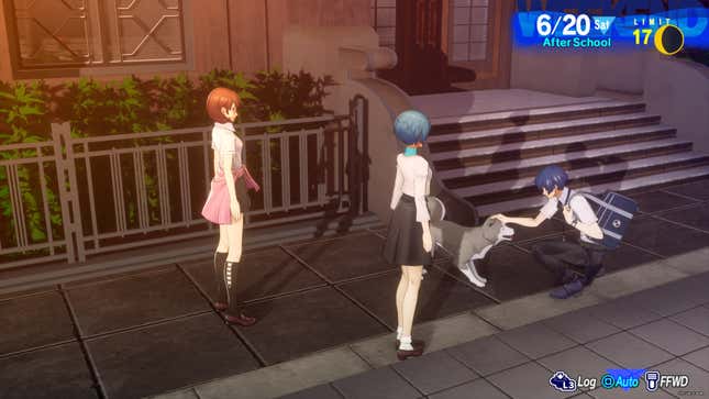 Makoto pets Koromaru alongside Yukari and Fuuka.