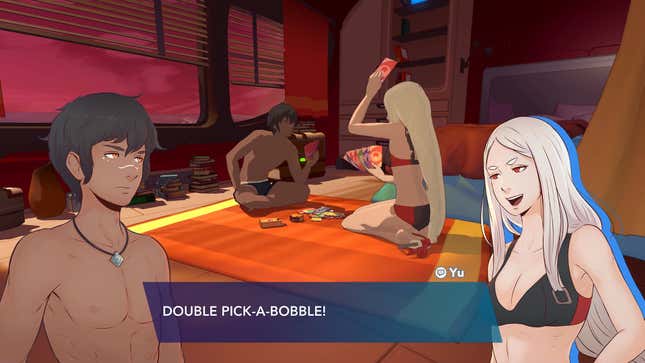 A man and a woman play a card game in their underwear