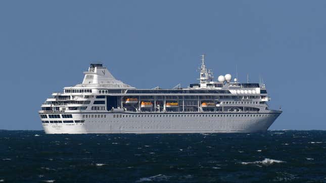 The Villa Vie Odyssey is seen off the Northern Irish coast having departed Belfast on Monday evening, only to announce it would return to port in Belfast on Tuesday to complete administrative paperwork.