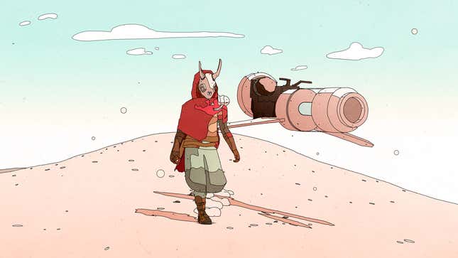 Sable's protagonist, named Sable, stands on a sand dune next to her hoverbike.