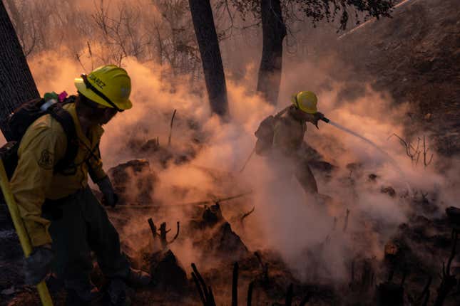 Feuerwehrleute säubern Glutnester in der Nähe der großen Kommunikationstürme auf dem Mount Wilson, 9. Januar 2025, in der Nähe von Altadena, Kalifornien.