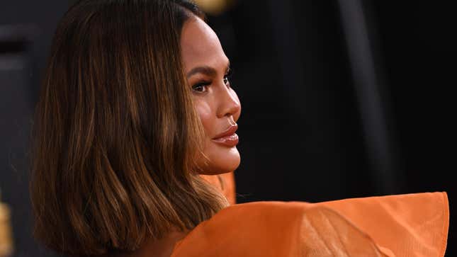 Chrissy Teigen arrives for the 62nd Annual Grammy Awards on January 26, 2020, in Los Angeles.