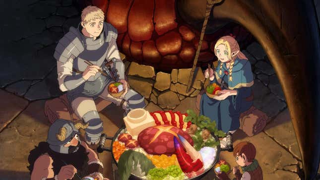 Characters sit around a large pot of food inside a dungeon