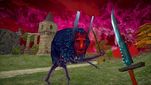 A fuzzy monster with a mask attacks the player with a sword