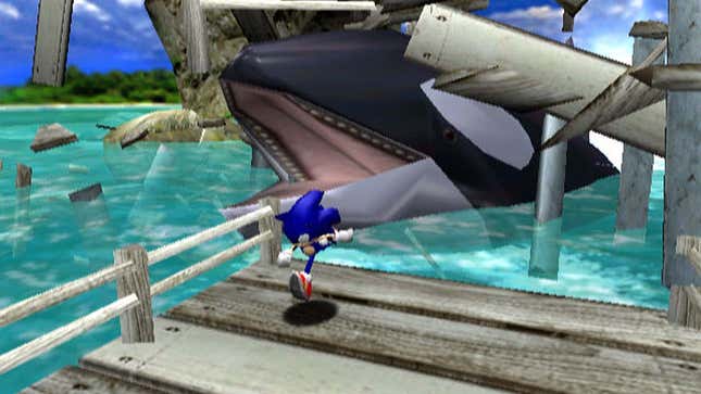 Sonic runs on a large wooden bridge being destroyed by a whale. 