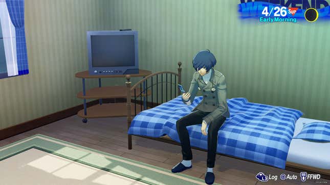 Makoto sits on his bed reading his text messages.