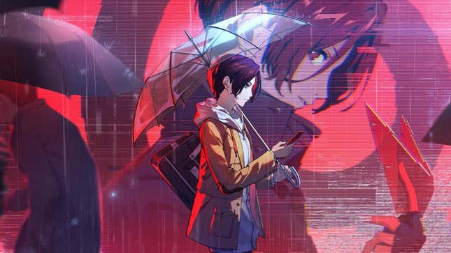 Wonder walks through the streets with an umbrella while looking at his phone, while his Phantom Thief self is shown on a giant TV screen behind him.