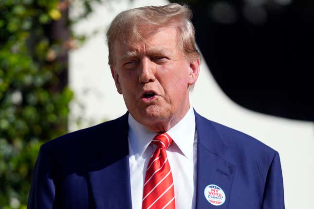 FILE - Republican presidential candidate former President Donald Trump speaks after voting in Florida&#39;s primary election in Palm Beach, Fla., Tuesday, March 19, 2024. Trump’s return to the stock market could be right around the corner. All eyes are on a vote Friday by shareholders of Digital World Acquisition Corp., a shell company that is looking to merge with the former president’s media business. (AP Photo/Wilfredo Lee, File)