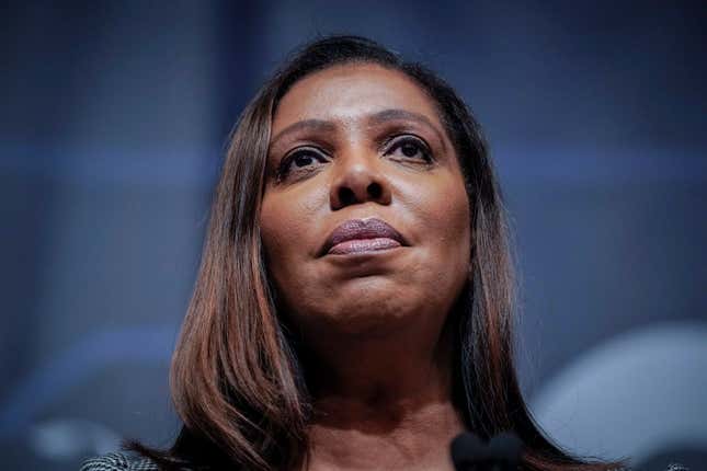 FILE - New York State Attorney General Letitia James speaks during the New York State Democratic Convention on Feb. 17, 2022, in New York. James fixated on Donald Trump as she campaigned for New York attorney general, branding the then-president a “con man” and ″carnival barker” and pledging to shine a “bright light into every dark corner of his real estate dealings.” (AP Photo/Seth Wenig, File)