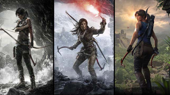 Three versions of Lara Croft standing together in a three panel collage. 