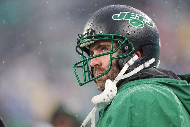 Nov 27, 2022; East Rutherford, New Jersey, USA; New York Jets quarterback Joe Flacco (19) looks on during the second half against the Chicago Bears at MetLife Stadium.