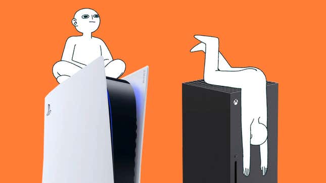 White figures sit on top of consoles.