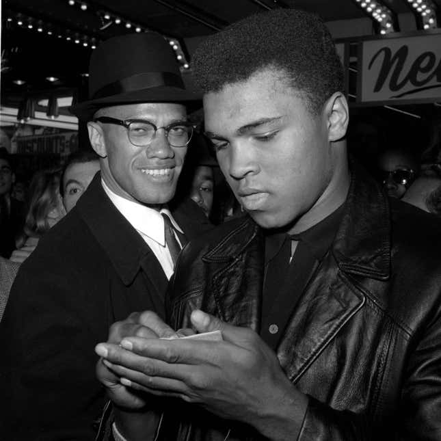 n this March 1, 1964, file photo, world heavyweight boxing champion, Muhammad Ali, right, is shown with Black Muslim Leader, Malcolm X, outside the Trans-Lux Newsreel Theater in New York City, after watching a screening of films on Ali’s title fight with Sonny Liston. Malcolm X became Ali’s mentor and close friend. Their relationship ruptured when Malcolm X split from the Nation of Islam.