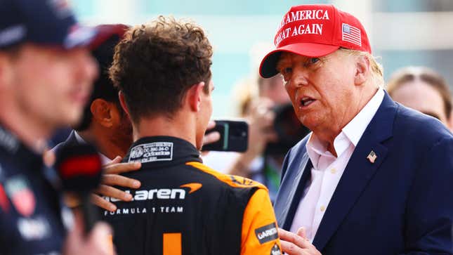 Donald Trump talks with Race winner Lando Norris of Great Britain and McLaren in parc ferme during the F1 Grand Prix of Miami at Miami International Autodrome on May 05, 2024 in Miami, Florida