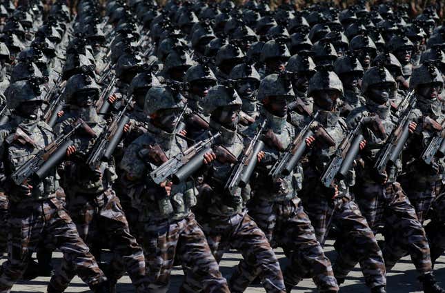 Soldiers marching in Sunday’s military parade.