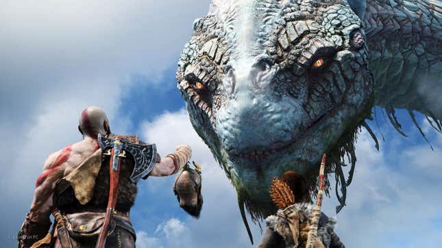 Kratos holds up a severd head to a giant snake.
