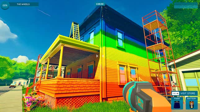 A very colorful house with stripes of vibrant blue, green, yellow, orange, and red is seen under a blue sky from the perspective of someone holding a spray paint nozzle.