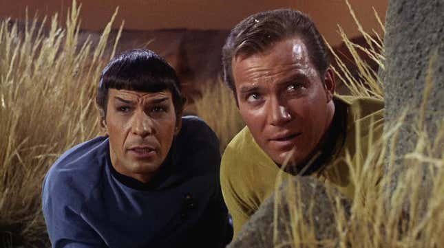 Spock and Captain Kirk hide among some reeds.
